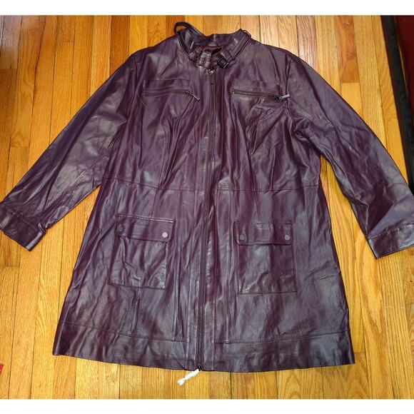 Jessica London Burgundy Leather long Jacket Sz 26 - Picture 6 of 8
